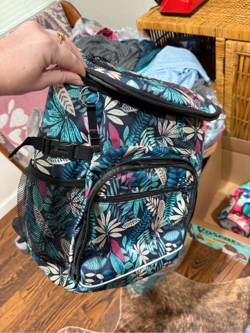 Floral Leaf Print Backpack Cooler in Teal, Navy & Pink